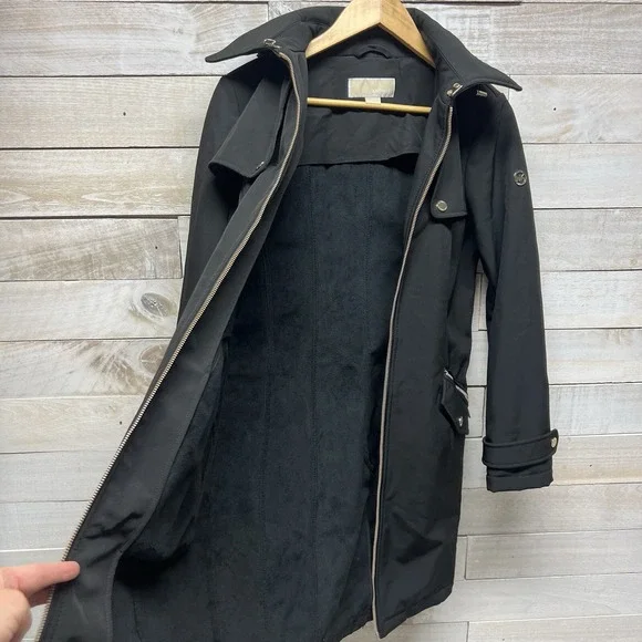 Michael Kors Trench Coat Womens Small Black Hooded Full Zip MK Logo Lined - Picture 7 of 15